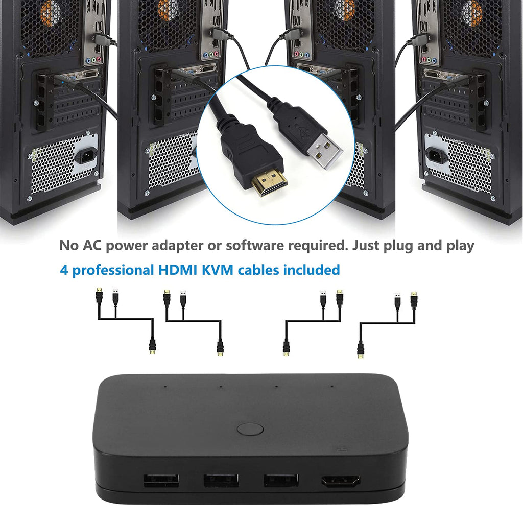 HDMI KVM Switch 4 Port with 4 HDMI Cables, 3 USB 2.0 Hub, 4K@30Hz N40464