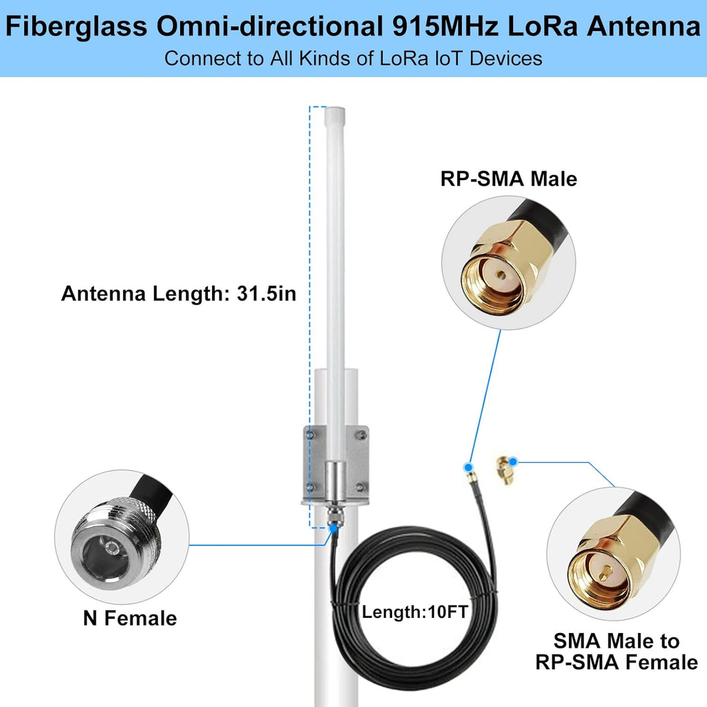 5.8 dBi Omni-Directional Fiberglass LoRa Antenna with 10ft Coaxial Cable S694