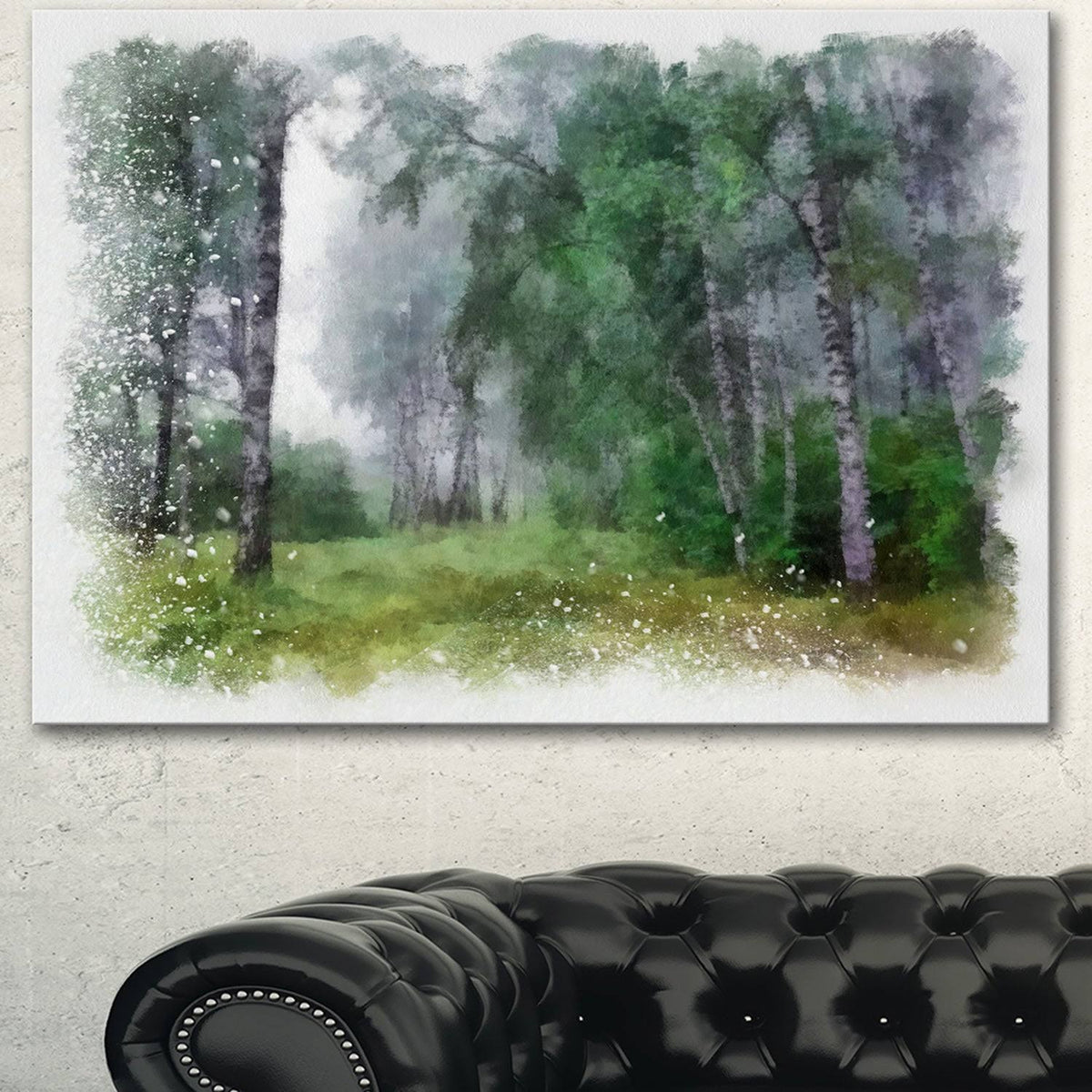 Green Forest Watercolor Drawing Large Landscape Canvas Art 32 in. Wide x 16 in. High F82456