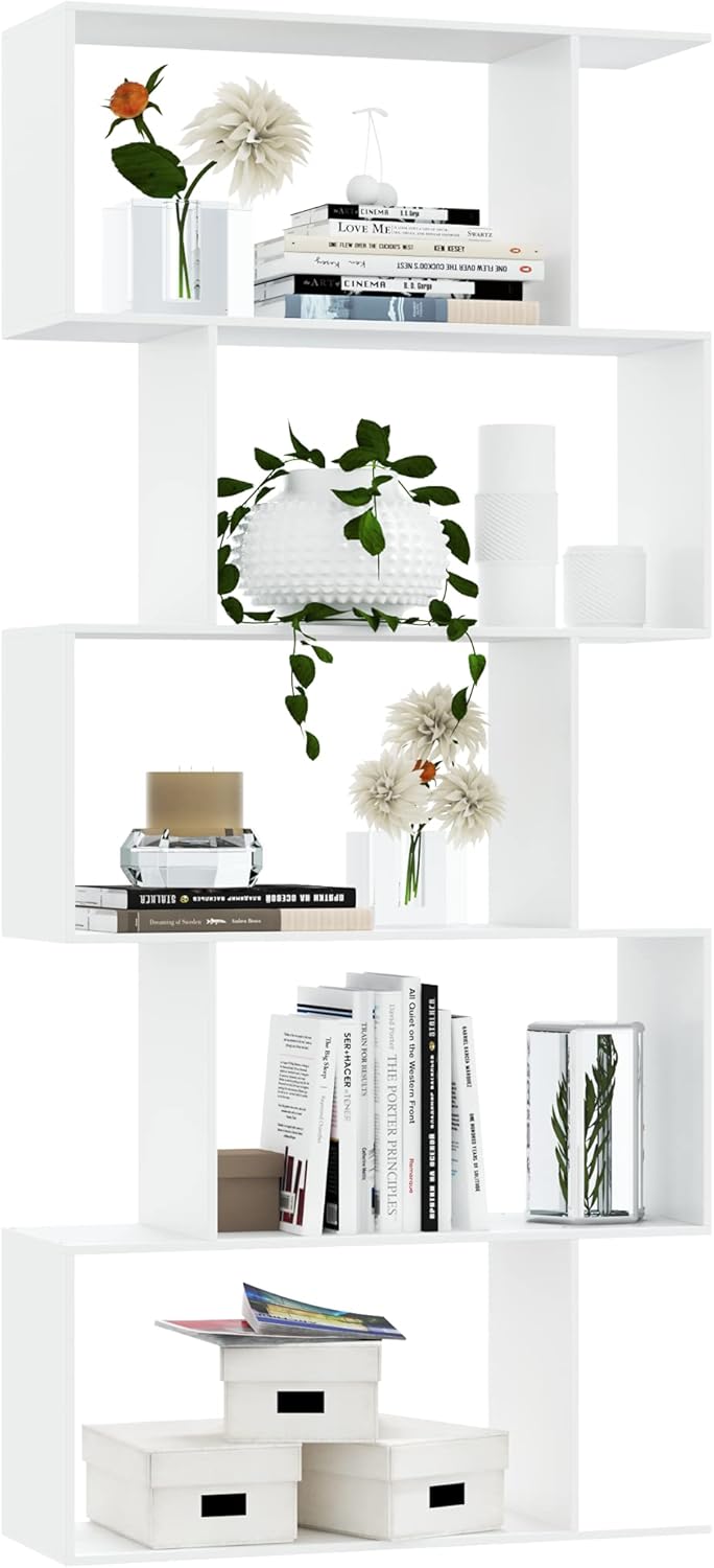 White 5-Tier Wooden Geometric Bookcase V7024