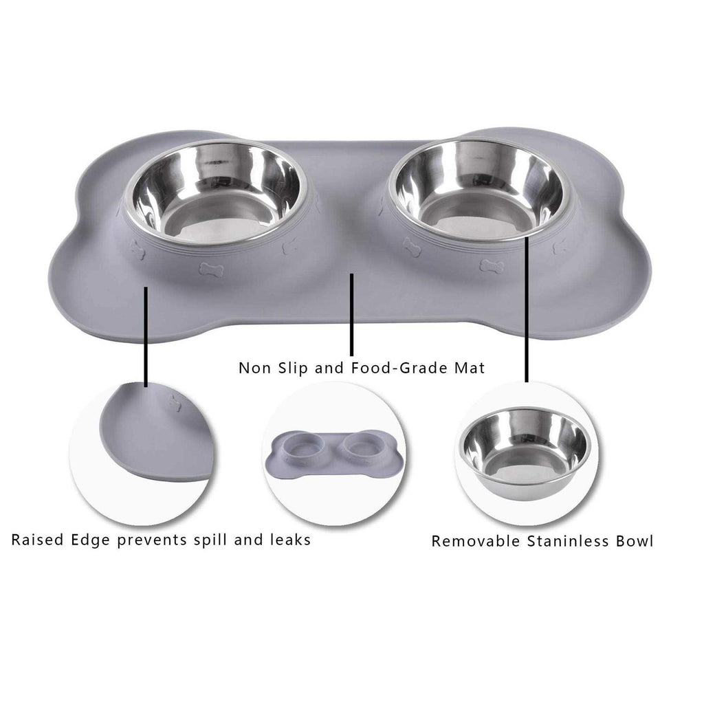 2 Stainless Steel Dog Bowls with Non-Skid Silicone Mat and Food Scoop P40037