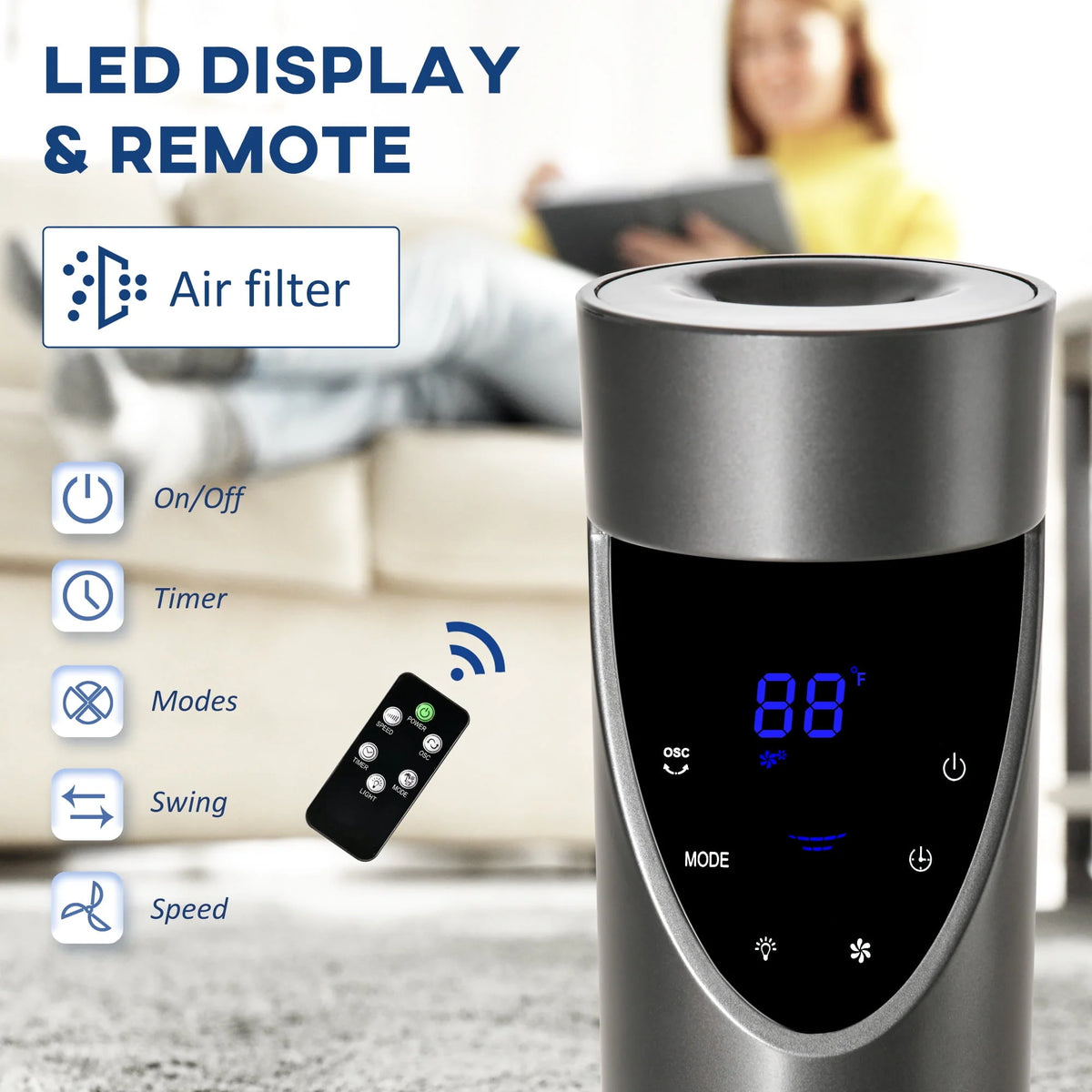 Grey Oscillating Tower Fan with Air Filter S631
