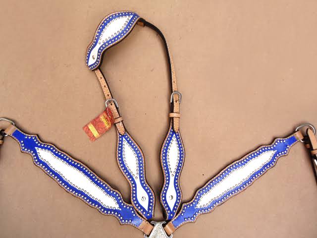 Leather Horse One Ear Headstall Breast Collar Blue Y7720
