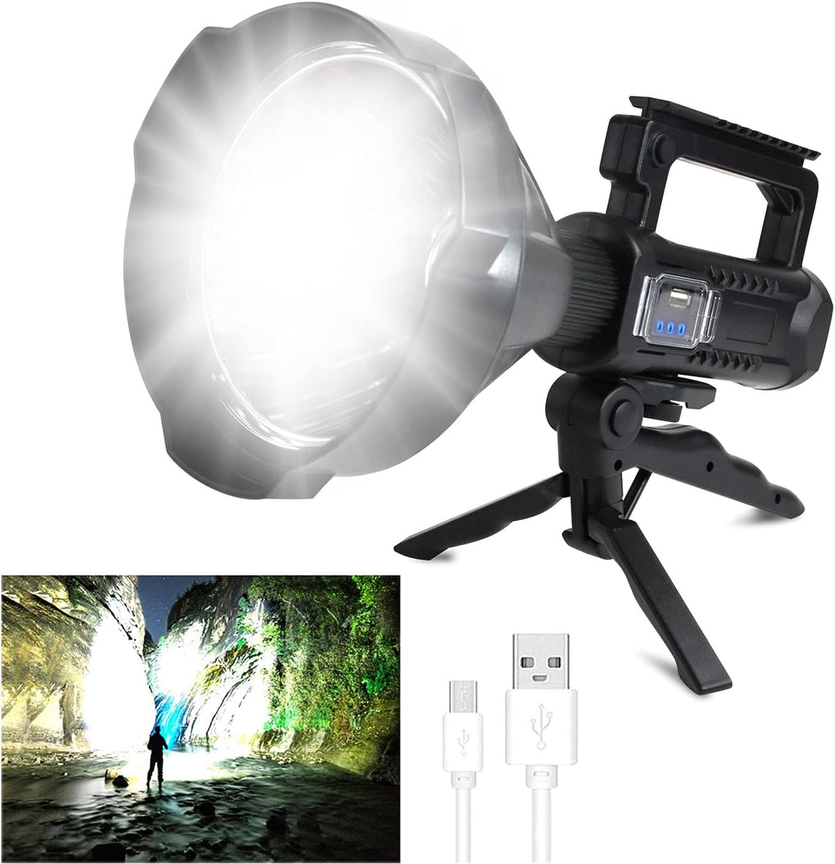 Rechargeable LED Spotlight Flashlight 90000 High Lumens IPX5 Waterproof with Tripod U877395