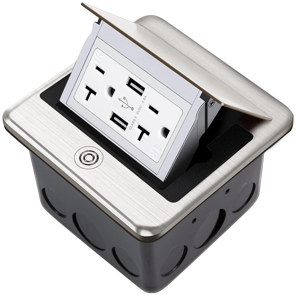 Pop Up Floor Electrical Outlet Stainless Steel Box Kit 20A GFCI Receptacle J728120