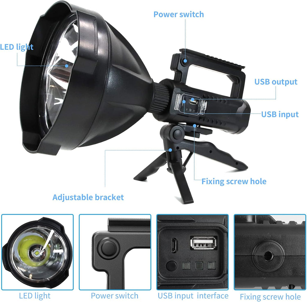 Rechargeable LED Spotlight Flashlight 90000 High Lumens IPX5 Waterproof with Tripod U877395
