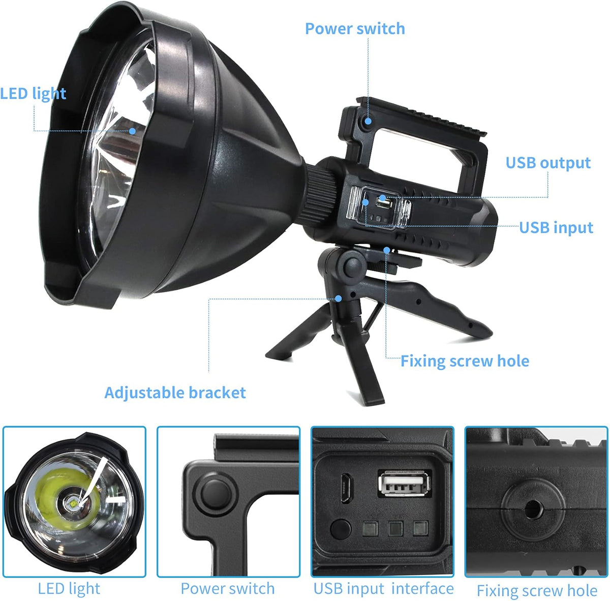 Rechargeable LED Spotlight Flashlight 90000 High Lumens IPX5 Waterproof with Tripod U877395