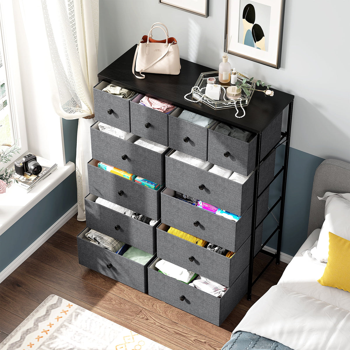 9 Drawer Fabric Dresser with Shelves I467