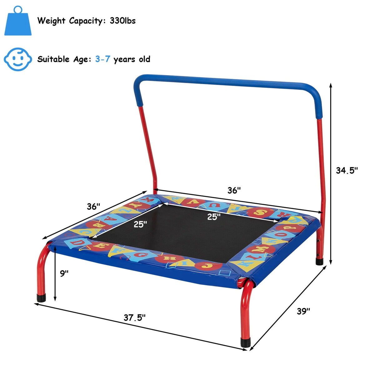 36'' Kids Square Trampoline with Foam Handrail C86932