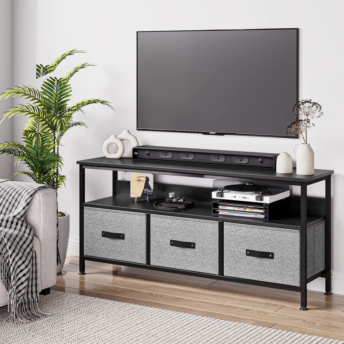 Grey Dresser TV Stand with Drawers and Shelves L25324