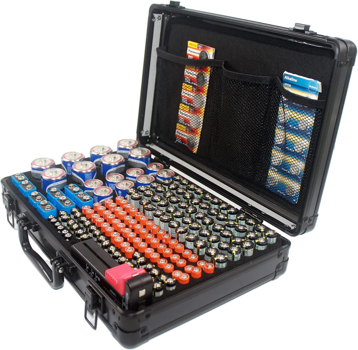 Black Hard Aluminum Battery Storage Organizer Case with Tester T891693
