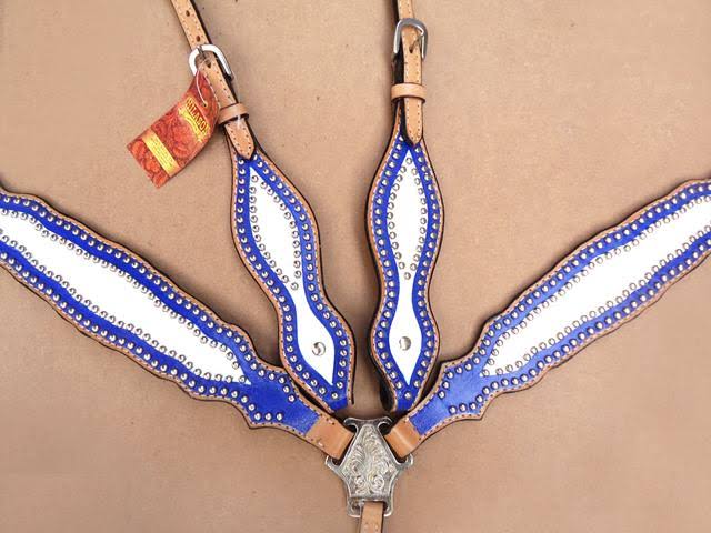 Leather Horse One Ear Headstall Breast Collar Blue Y7720