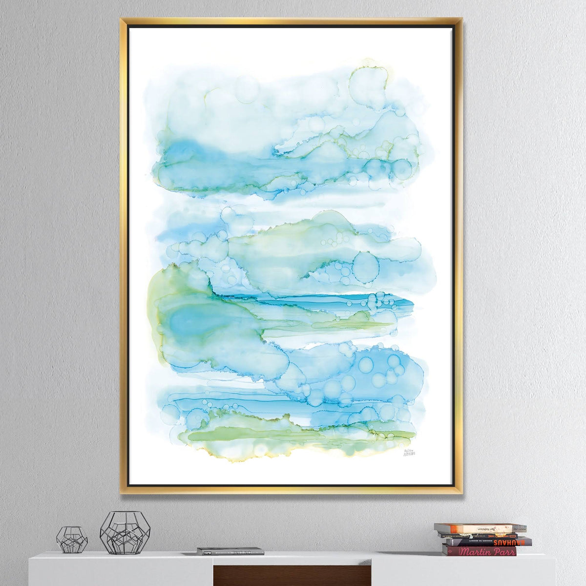 Abstract Blue and Green Framed Canvas 16 in. Wide x 32 in. High S773