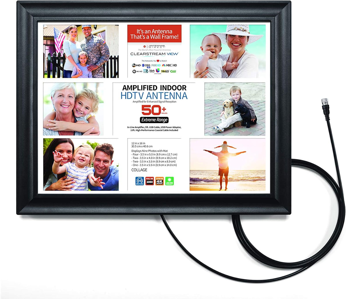 Amplified TV Antenna, 50+ Mile Range, UHF/VHF, Multi-Directional, Black/White/Paintable E427
