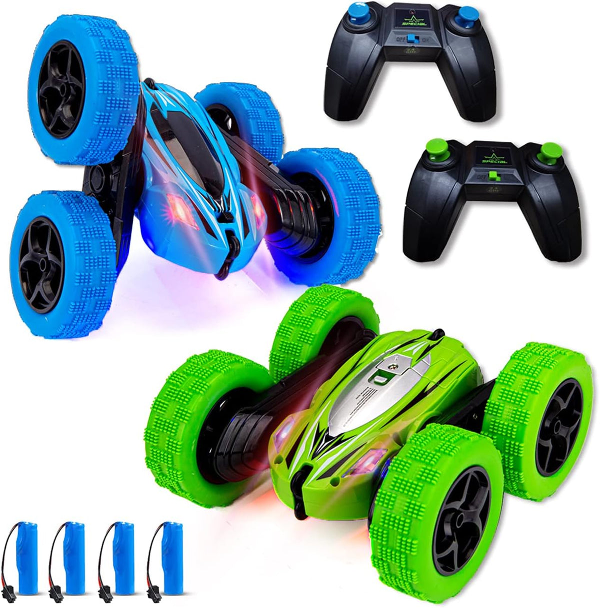 2 Pack 4WD RC Stunt Cars with LED Lights Blue Green R104799