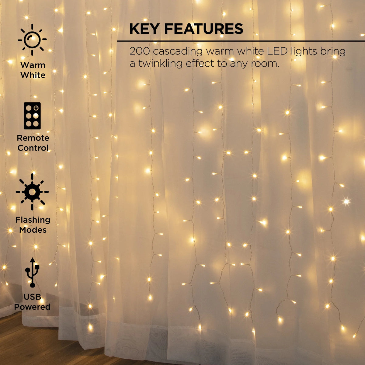 Indoor Curtain Lights, Warm White LEDs, Remote Control, USB Powered M881