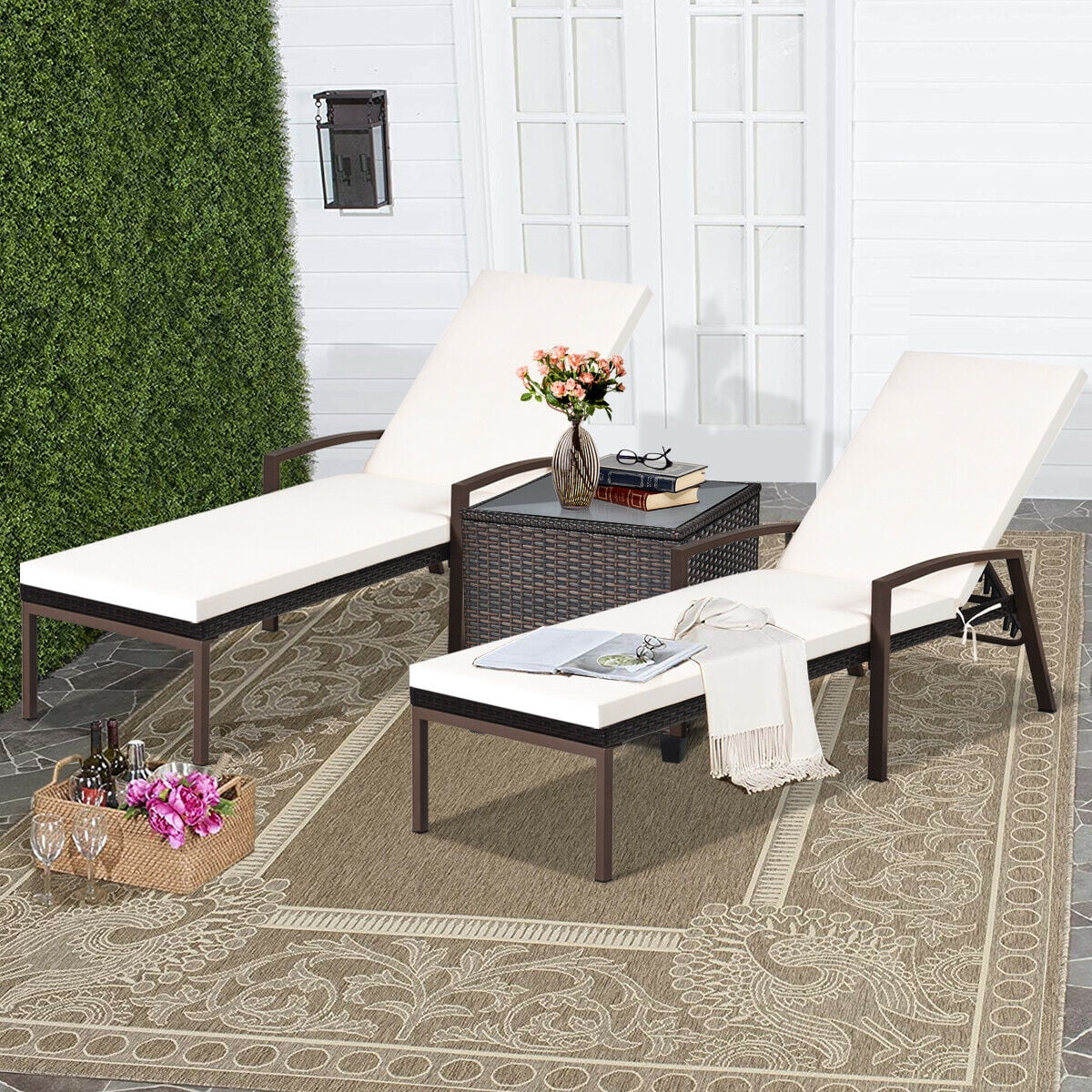 2PCS Brown Rattan Patio Lounge Chair Chaise Recliner W995448