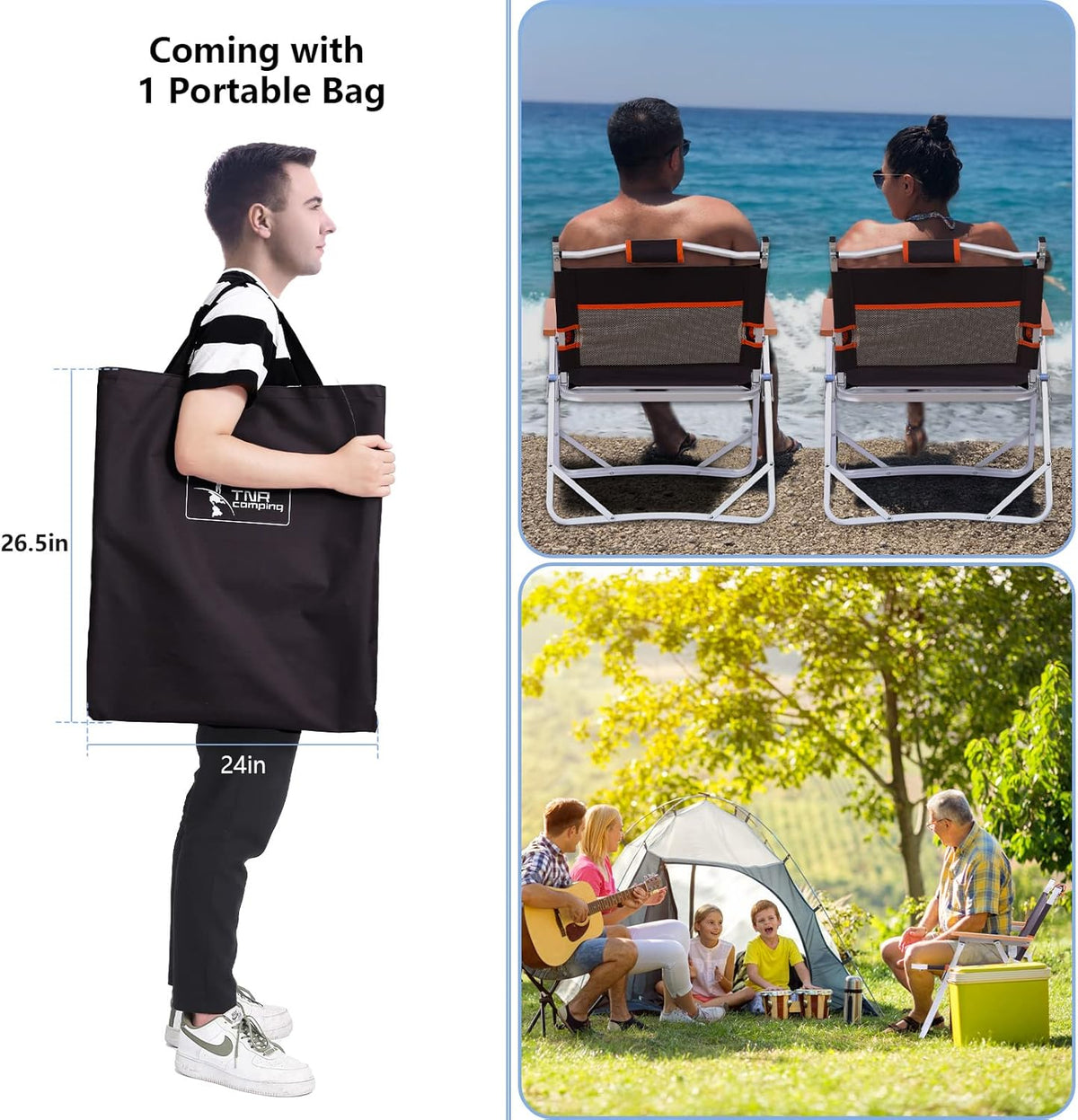 Camping Beach Chair, Heavy Duty Triangular Frame, Easy Folding with Portable Bag and Back Pocket, Dark Brown D716