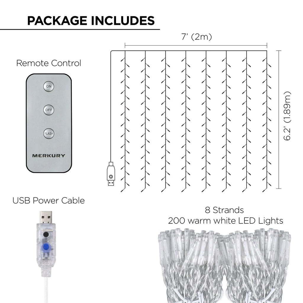 Indoor Curtain Lights, Warm White LEDs, Remote Control, USB Powered M881