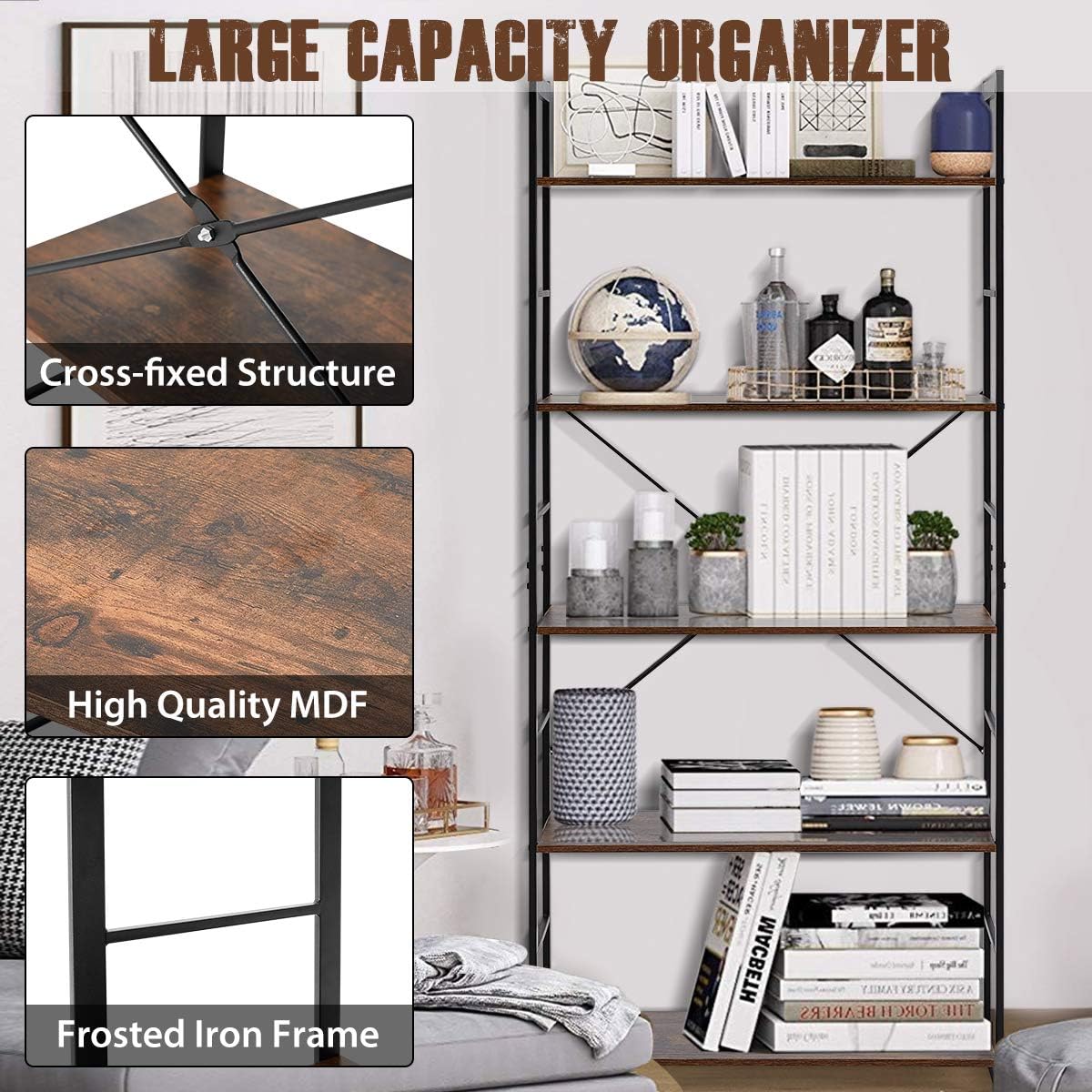 5 Tier Wood and Metal Bookshelf S4027