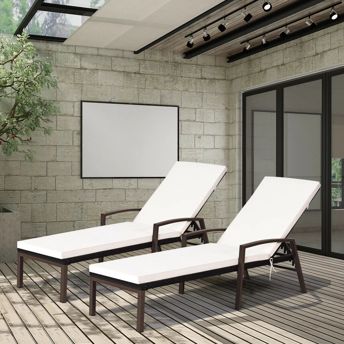 2PCS Brown Rattan Patio Lounge Chair Chaise Recliner W995448
