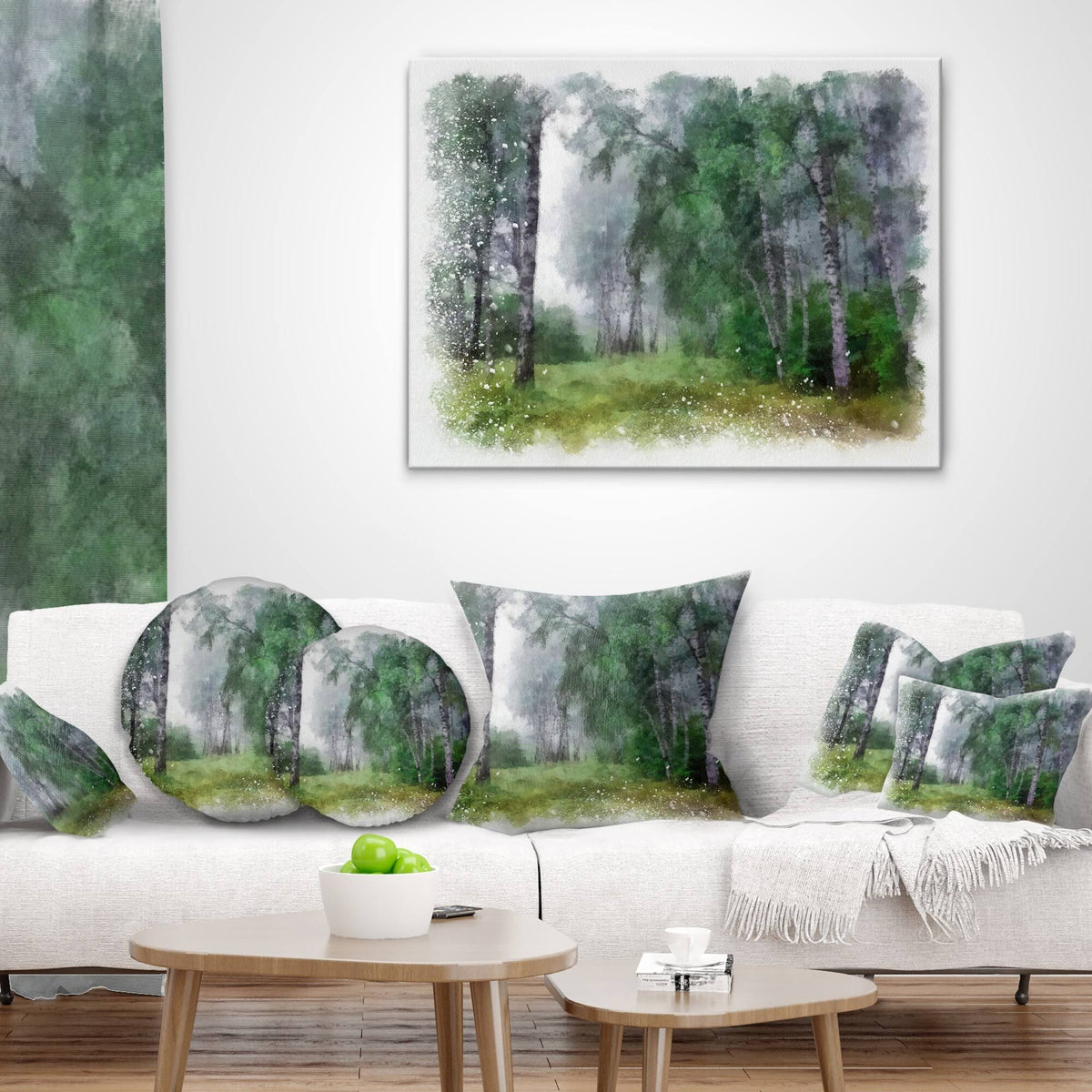 Green Forest Watercolor Drawing Large Landscape Canvas Art 32 in. Wide x 16 in. High F82456