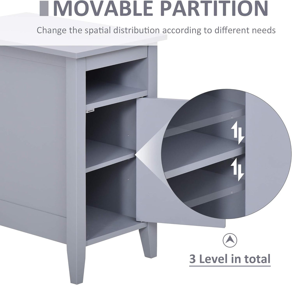 Grey 3-Tier Wooden Nightstand with Pullout Shelf and Door Cabinet T3207