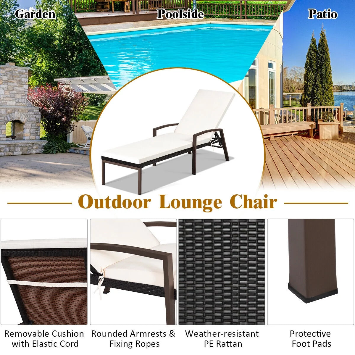 2PCS Brown Rattan Patio Lounge Chair Chaise Recliner W995448