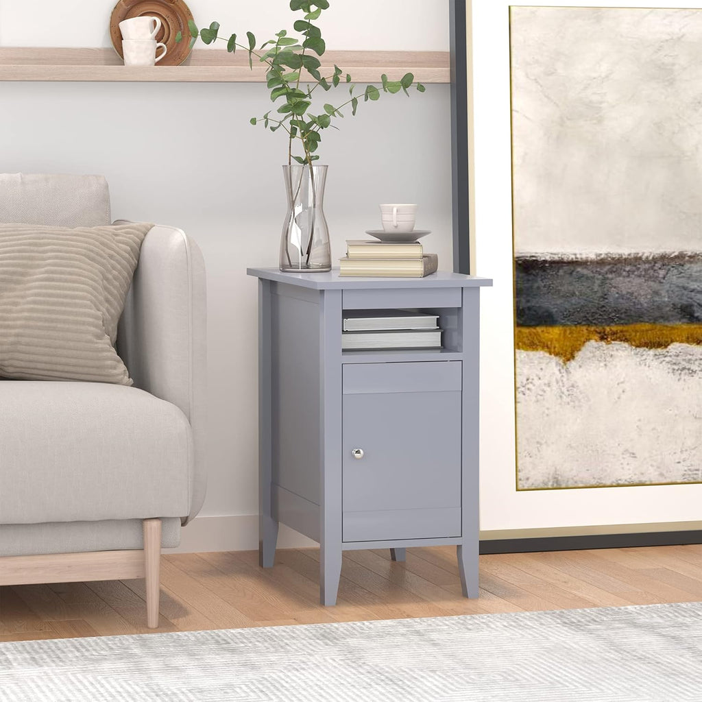 Grey 3-Tier Wooden Nightstand with Pullout Shelf and Door Cabinet T3207
