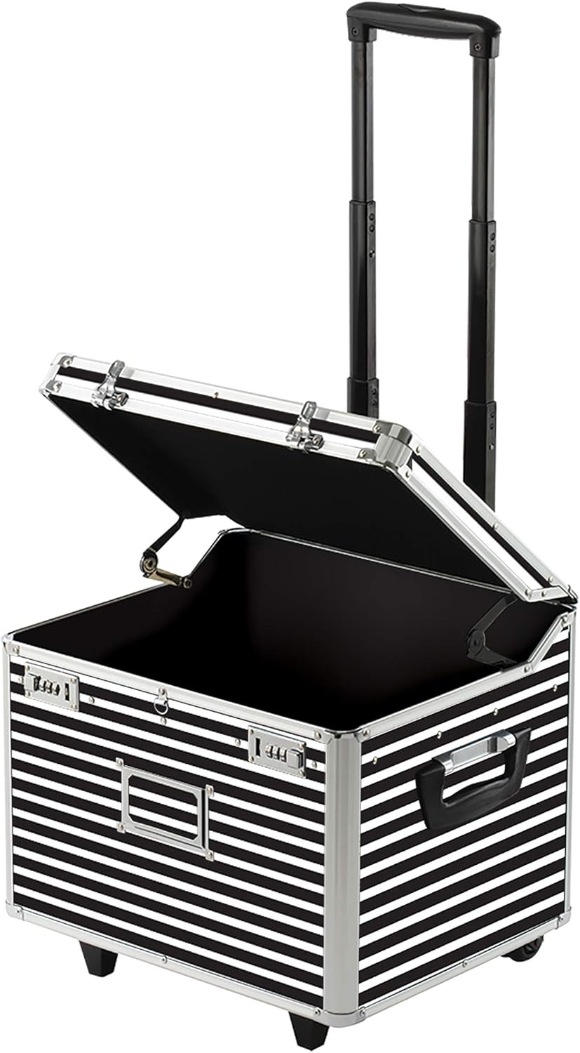Locking Mobile Rolling File Storage Chest, Letter/Legal Wheelie Case, Black/White Stripes F4717