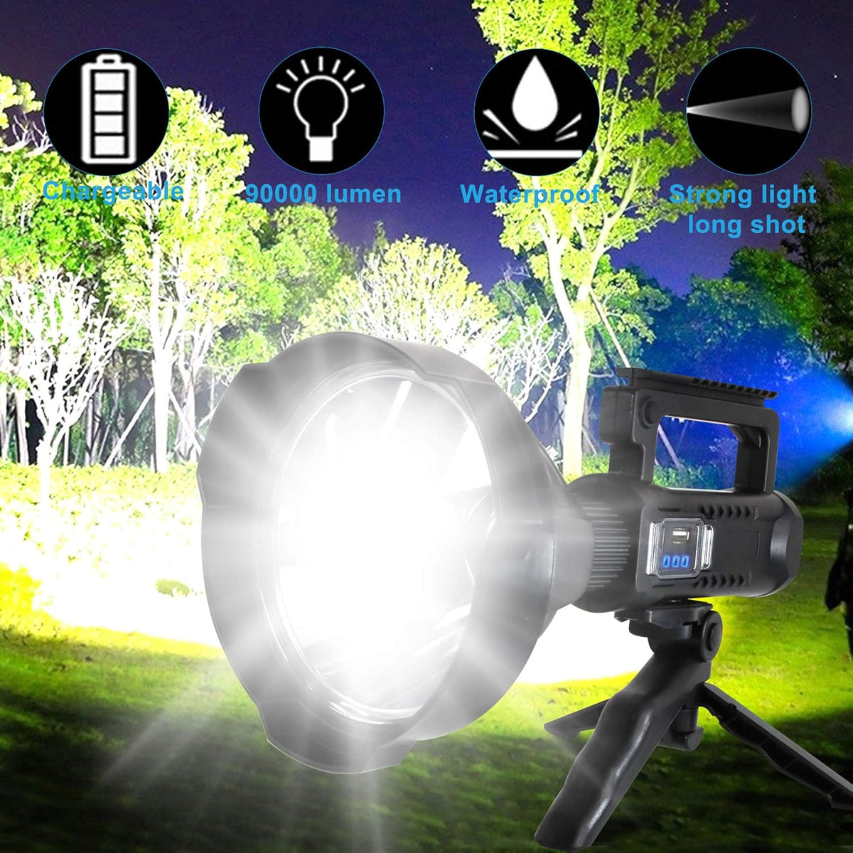 Rechargeable LED Spotlight Flashlight 90000 High Lumens IPX5 Waterproof with Tripod U877395