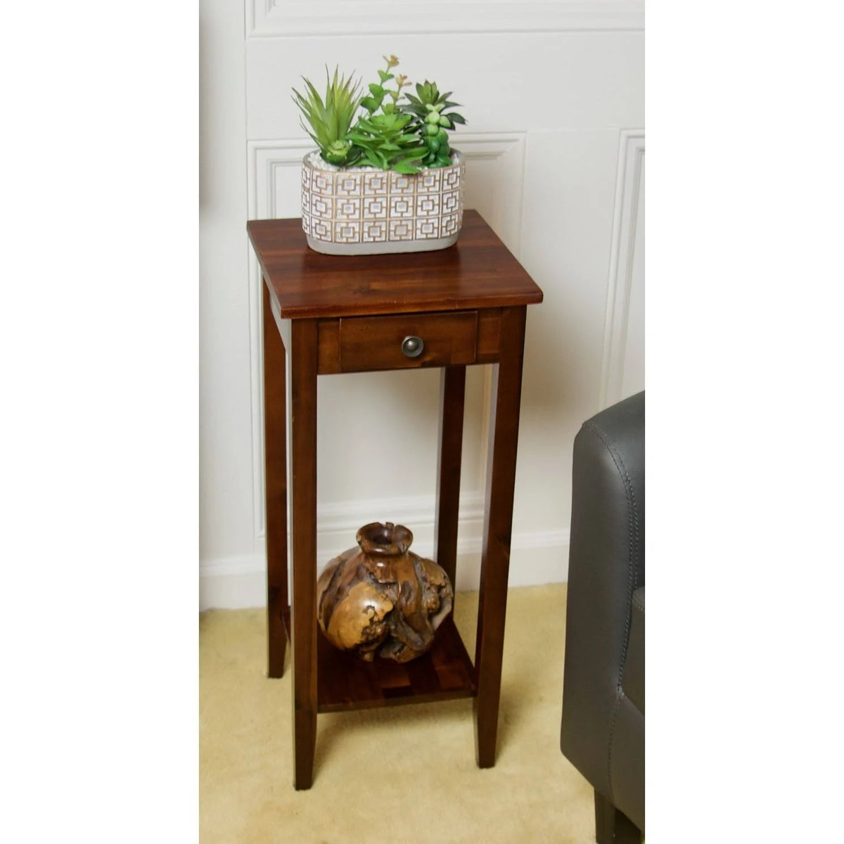 2-Tier Acacia Wood Plant Table with Drawer Y24181
