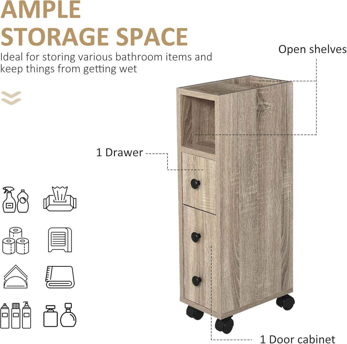 Freestanding Bathroom Cabinet with 4 Rolling Wheels K87452