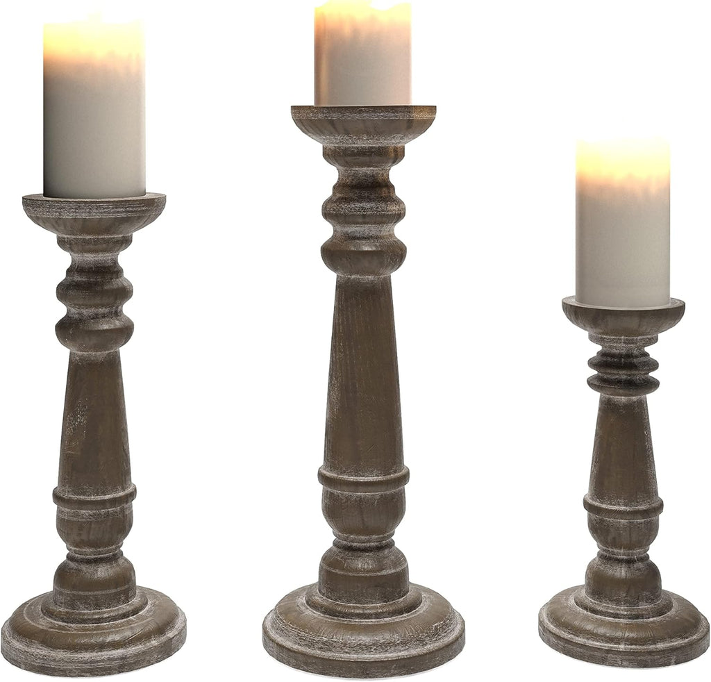 Rustic Wood Pillar Candle Holder Stands Set of 3 V82359