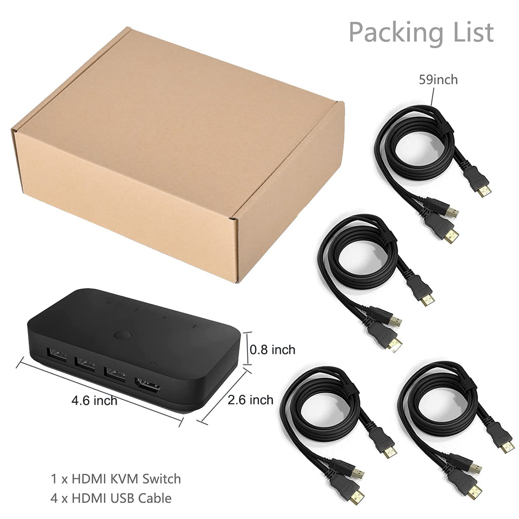 HDMI KVM Switch 4 Port with 4 HDMI Cables, 3 USB 2.0 Hub, 4K@30Hz N40464