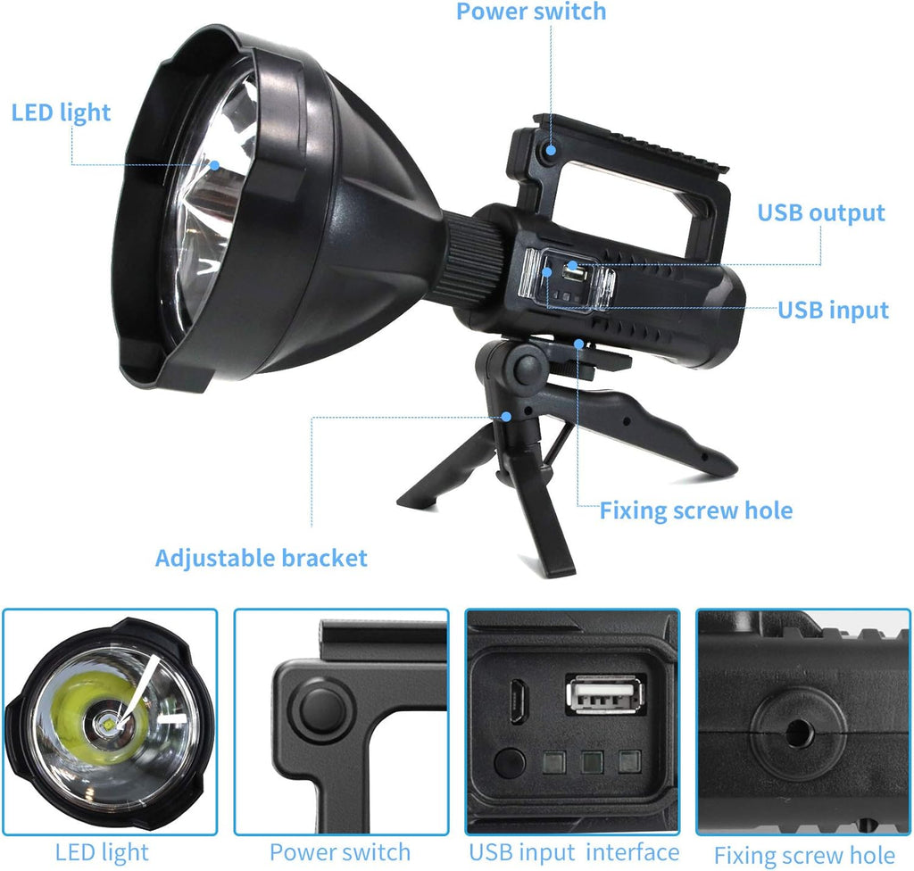 Rechargeable LED Spotlight Flashlight 90000 High Lumens IPX5 Waterproof with Tripod U877395