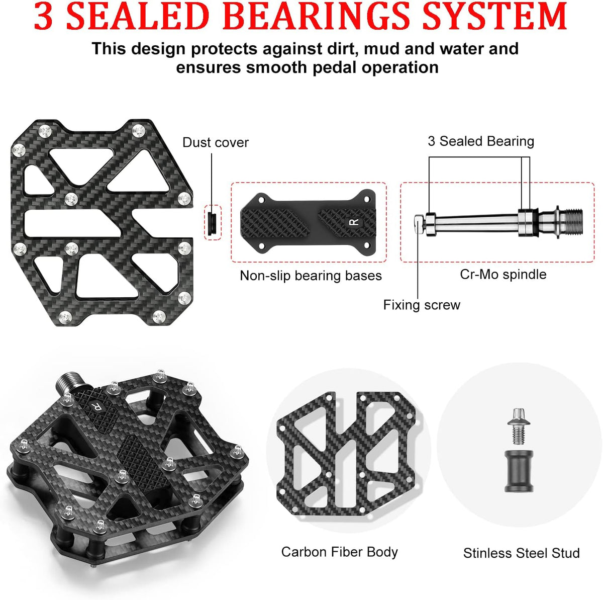 Carbon Fiber 3 Sealed Bearing Mountain Bike Pedals O6792