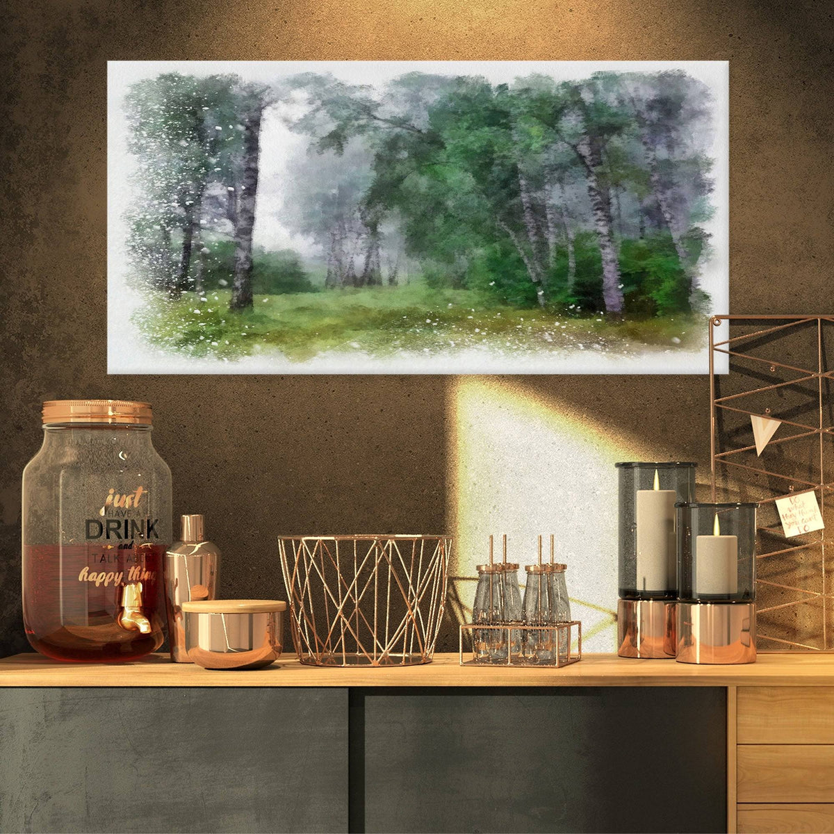 Green Forest Watercolor Drawing Large Landscape Canvas Art 32 in. Wide x 16 in. High F82456