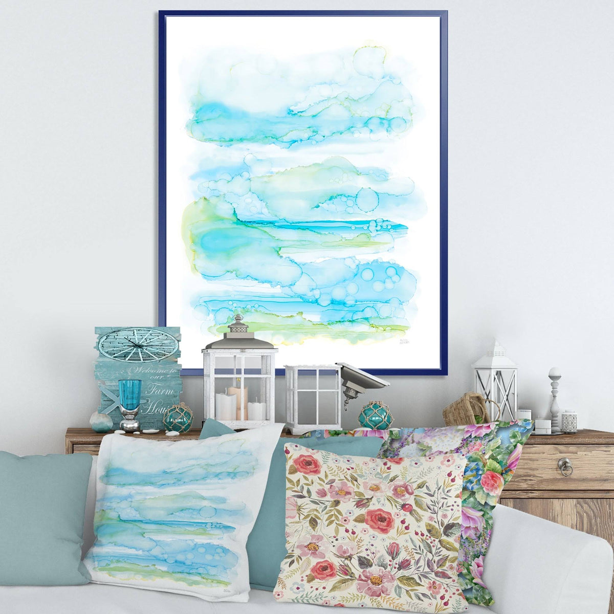 Abstract Blue and Green Framed Canvas 16 in. Wide x 32 in. High S773
