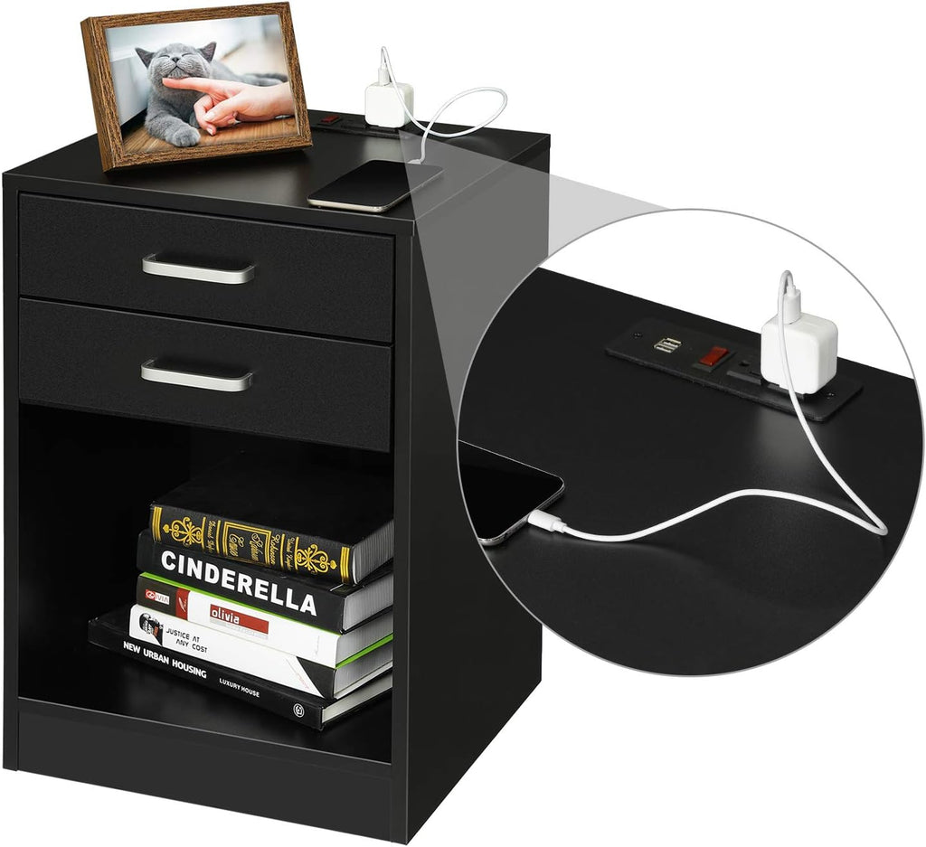 Black Nightstand with USB Port and Sliding Drawer C907