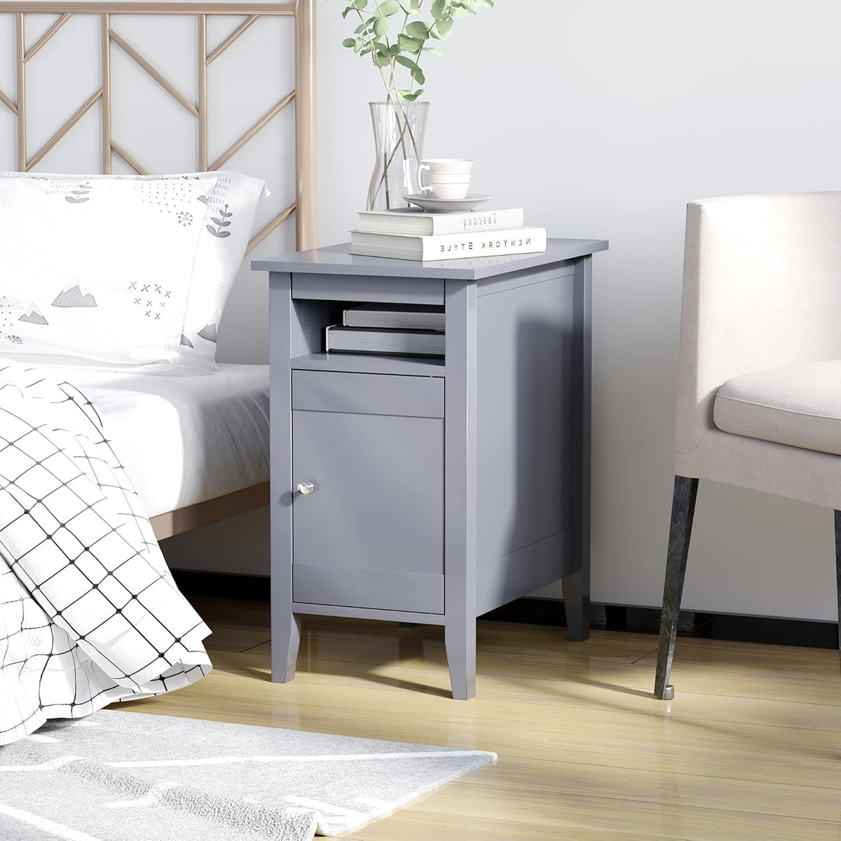 Grey 3-Tier Wooden Nightstand with Pullout Shelf and Door Cabinet T3207