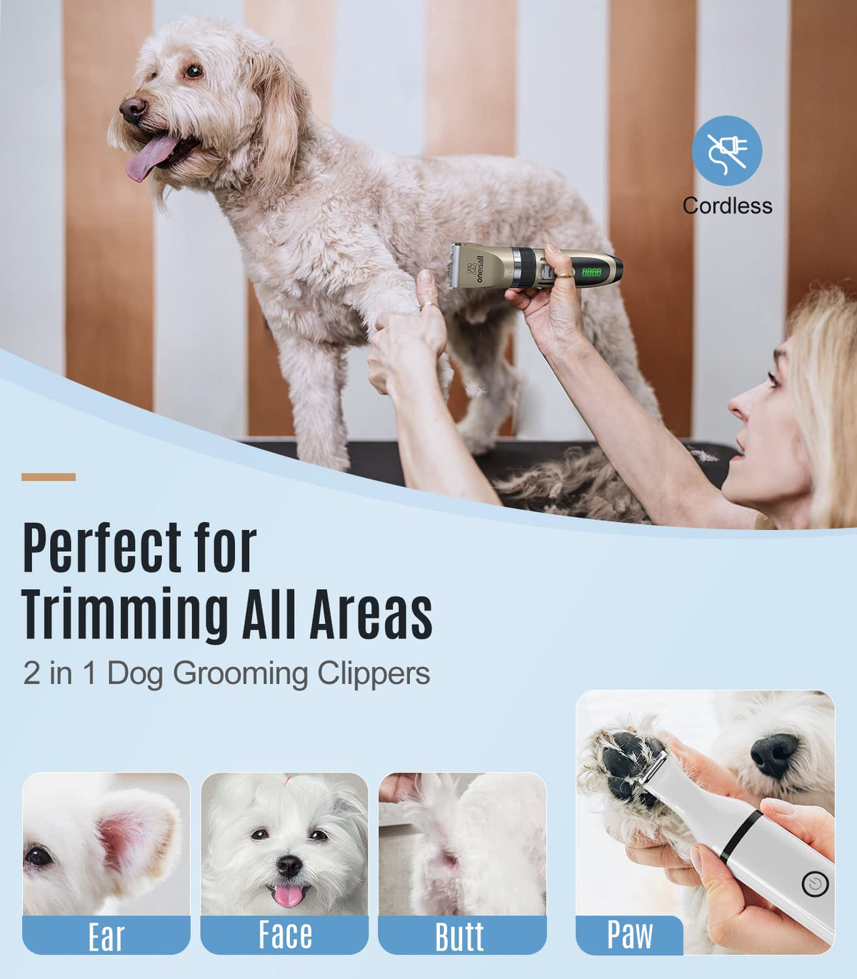 2 in 1 Low Noise Cordless Dog Clippers and Paw Trimmer Kit M27444