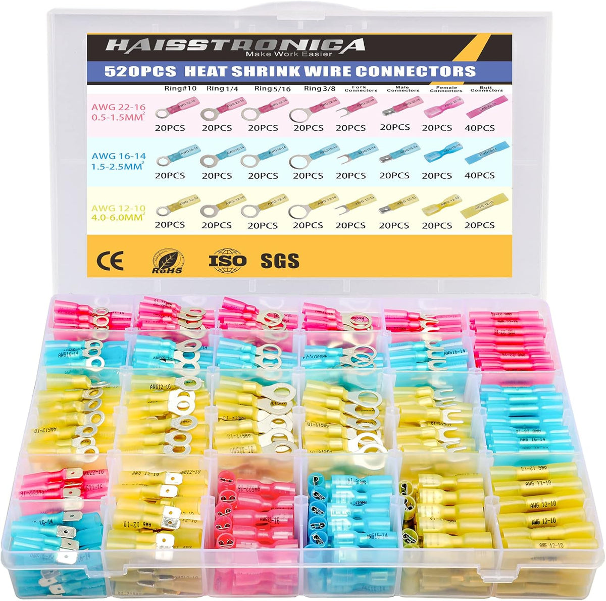 520PCS Marine Grade Heat Shrink Wire Connectors Kit Tinned Red Copper Insulated N4680