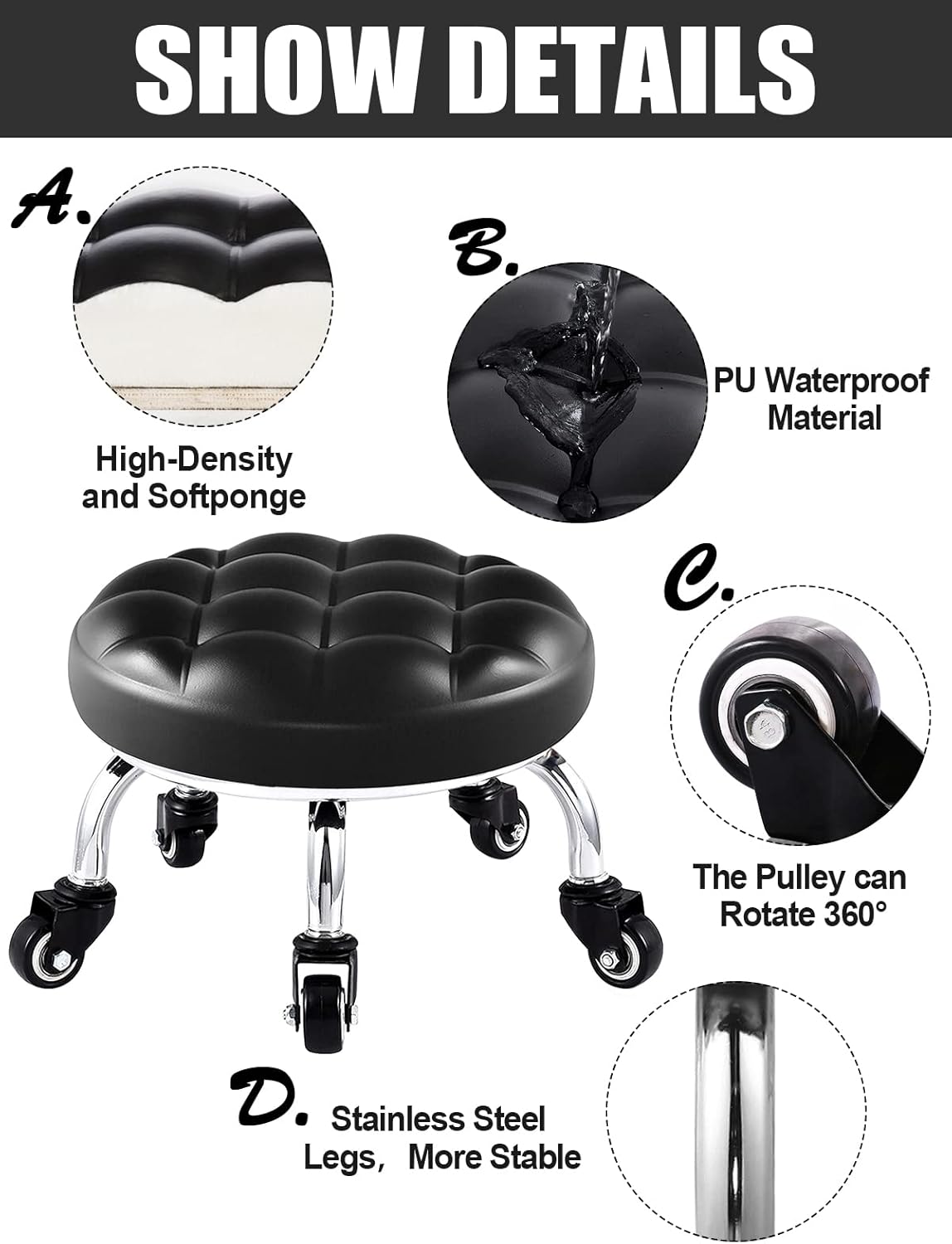 Low Rolling Stool with Wheels Mesh Black A9186