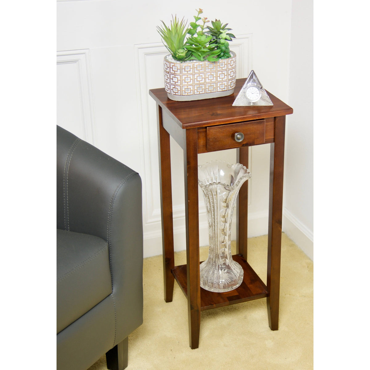 2-Tier Acacia Wood Plant Table with Drawer Y24181
