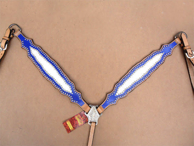 Leather Horse One Ear Headstall Breast Collar Blue Y7720