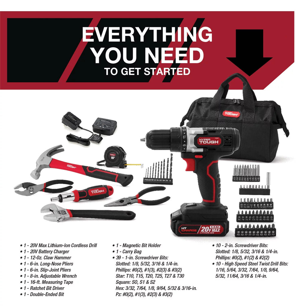 20V Max Lithium-Ion 3/8 inch Cordless Drill 70-Piece Home Tool Set M473
