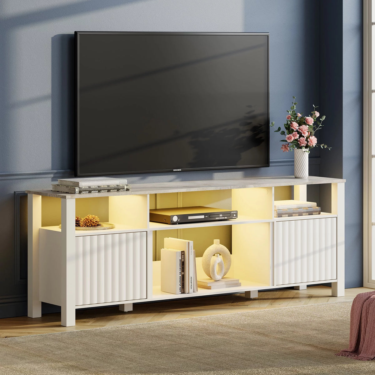 White Wood TV Stand with 6 Storage N146505