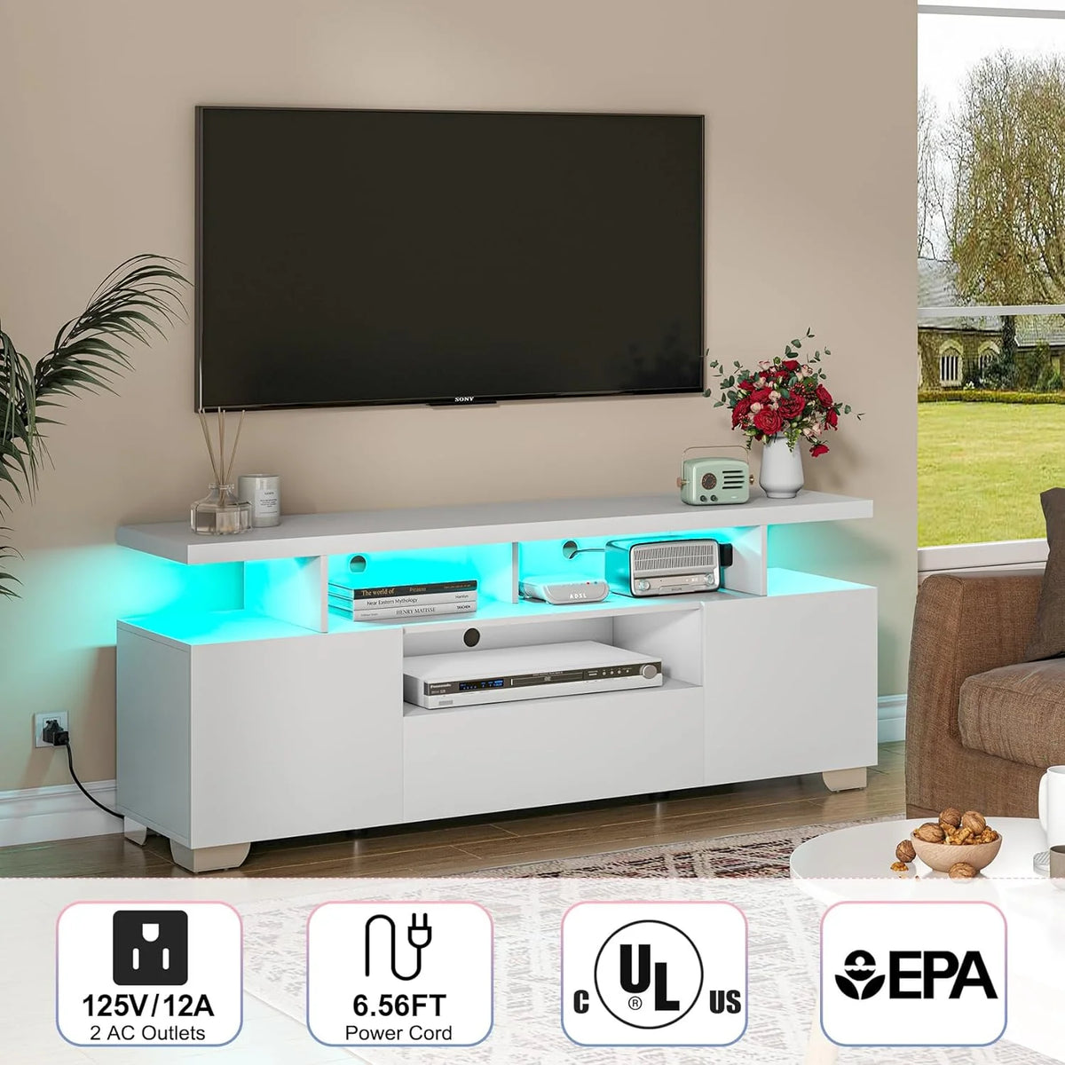 Modern TV Stand with Power Outlet and LED Lights G14383