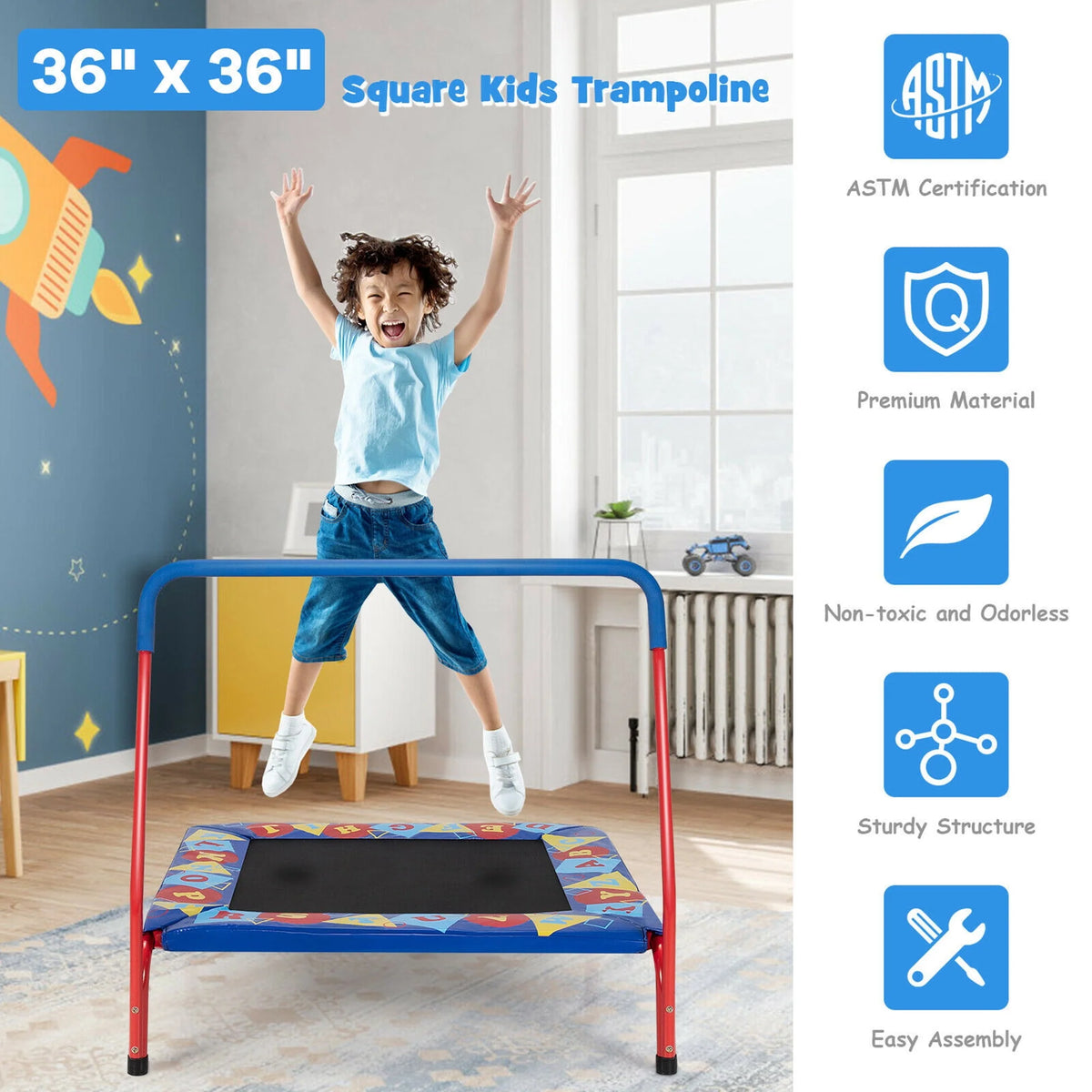 36'' Kids Square Trampoline with Foam Handrail C86932